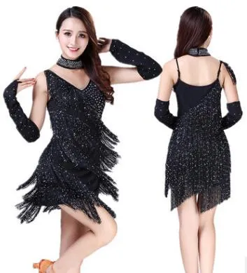 3 Pcs/set Outfit Dancewear Glove Choker V Collar Backless Rhinestone Sequined Fringe Latin Dance Costume Swing Tango Dress