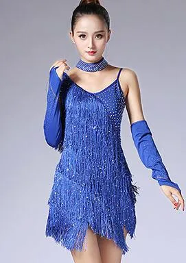 3 Pcs/set Outfit Dancewear Glove Choker V Collar Backless Rhinestone Sequined Fringe Latin Dance Costume Swing Tango Dress