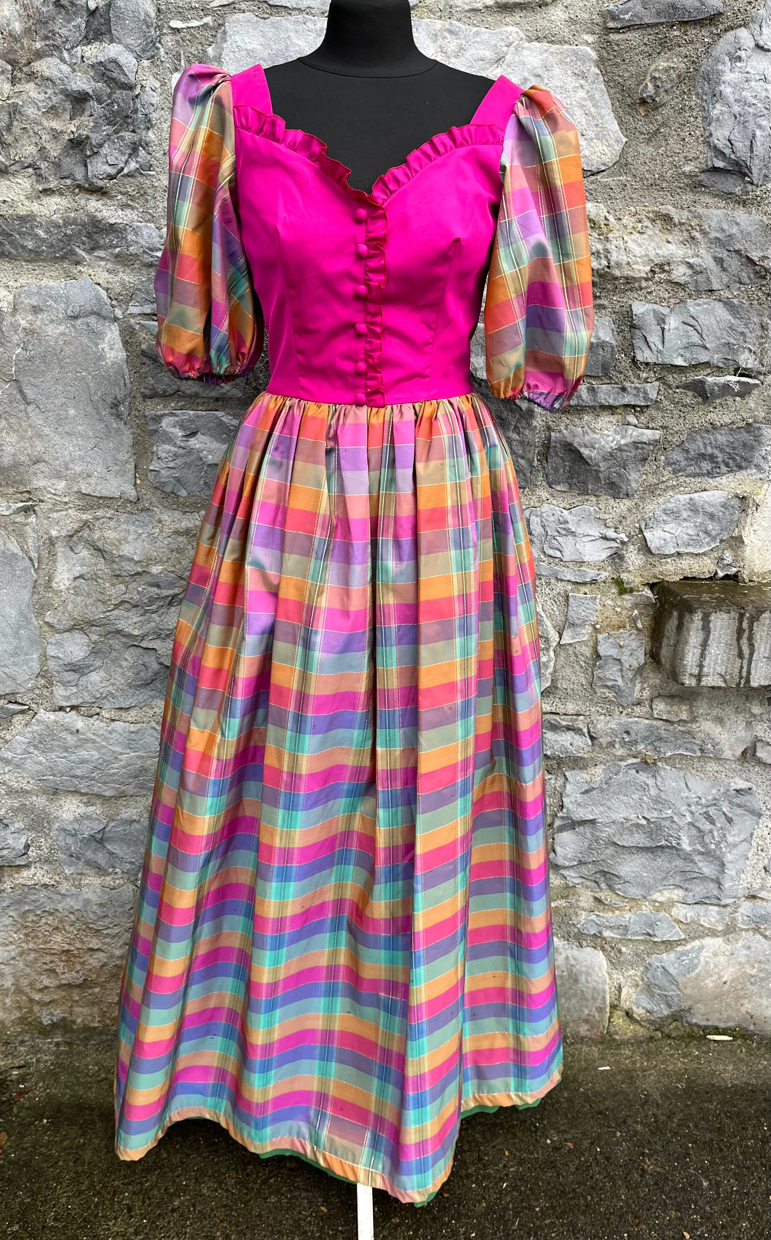 80s pink shiny “house on the Prairie” dress uk 6-8