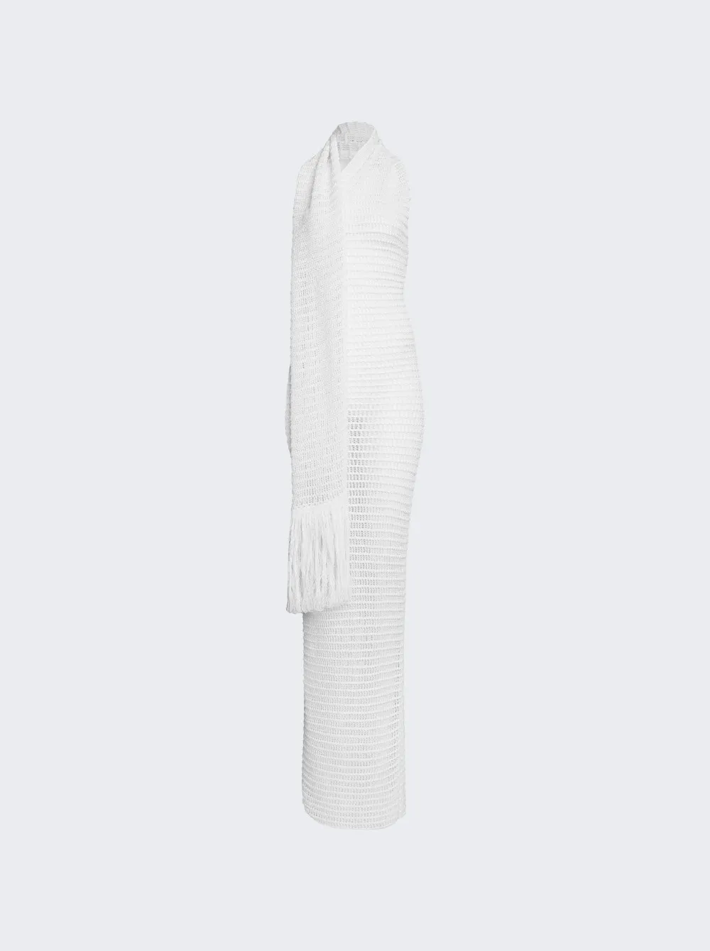 ALAÏA   Sheer Maxi Crochet Dress With Fringed Scarf White 