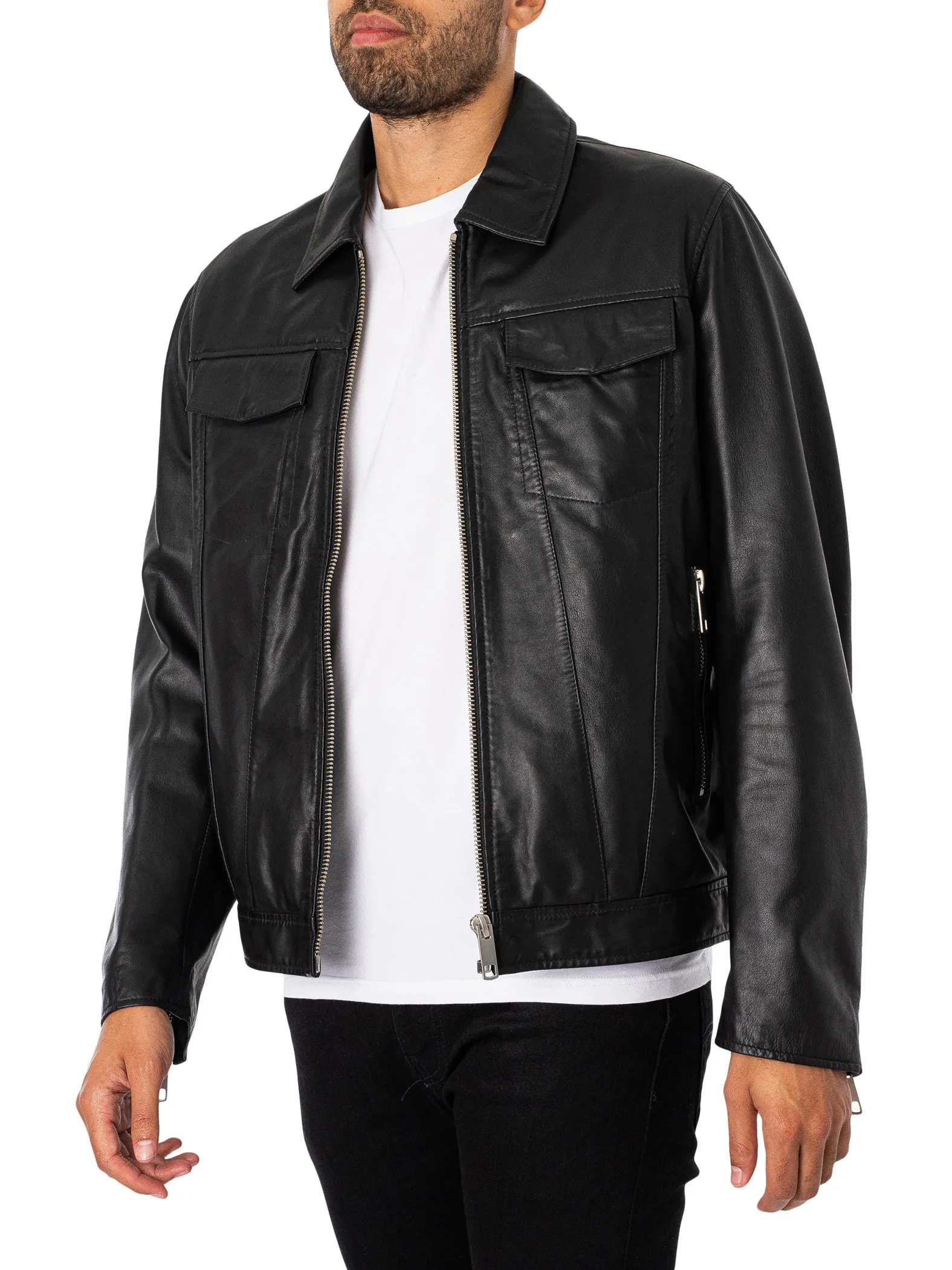 Antony Morato Pocket Slim Fit Leather Jacket - Black