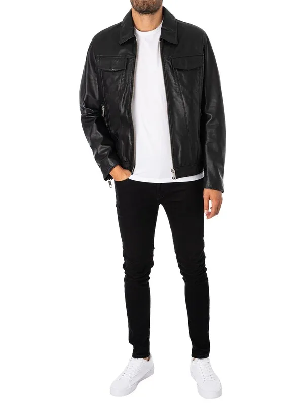 Antony Morato Pocket Slim Fit Leather Jacket - Black