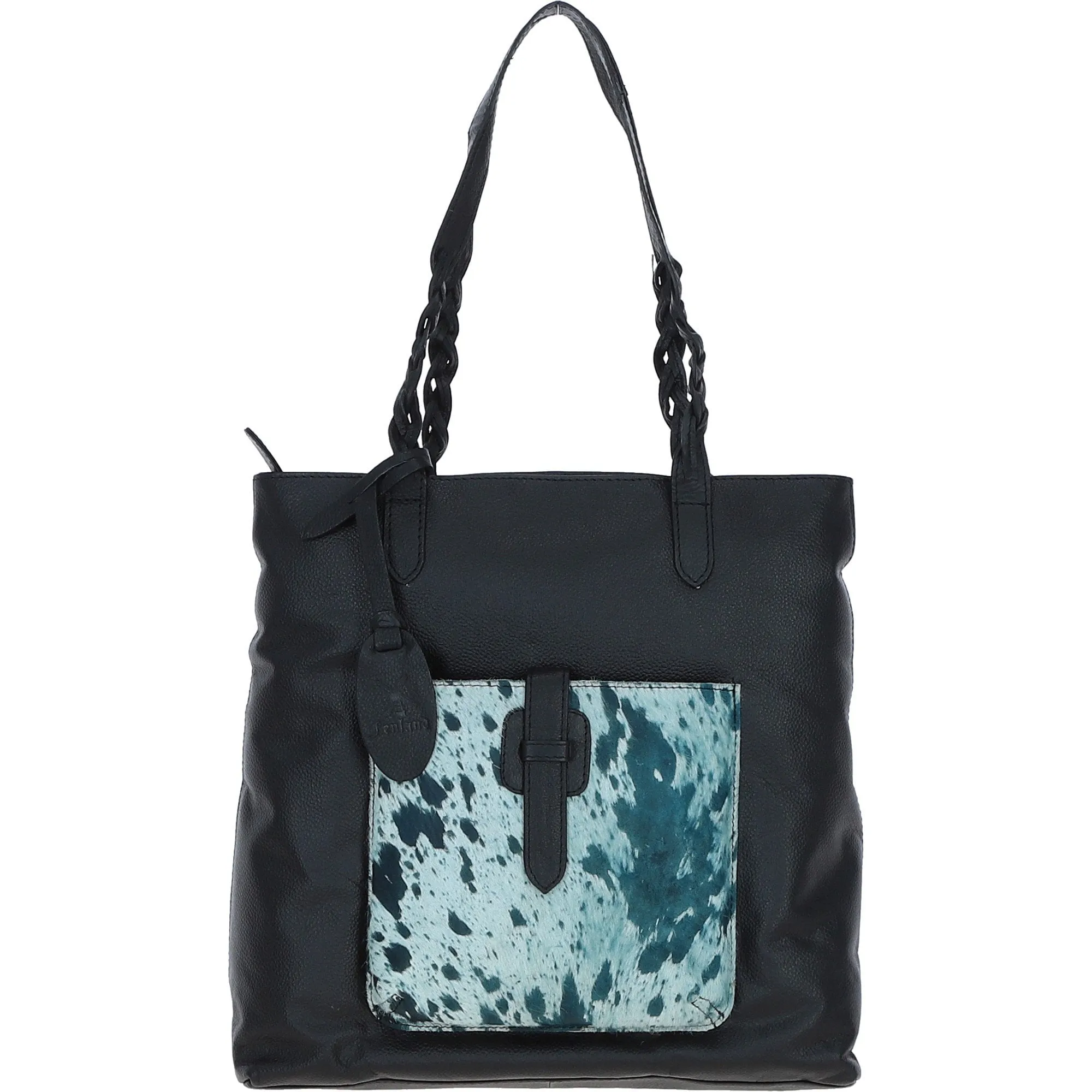 Black Leather Shoulder Bag with Pony Print Pocket: ELA 1128