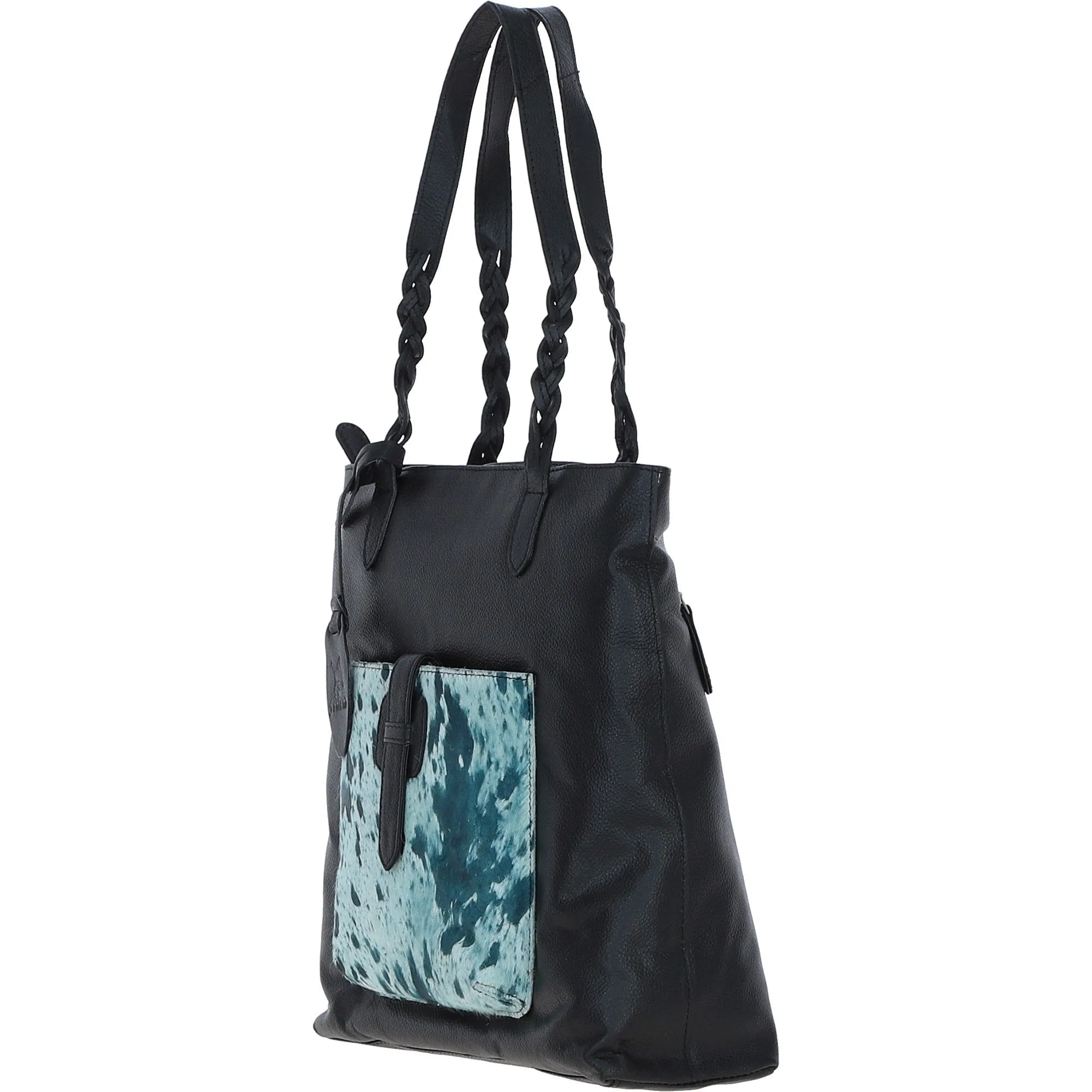 Black Leather Shoulder Bag with Pony Print Pocket: ELA 1128