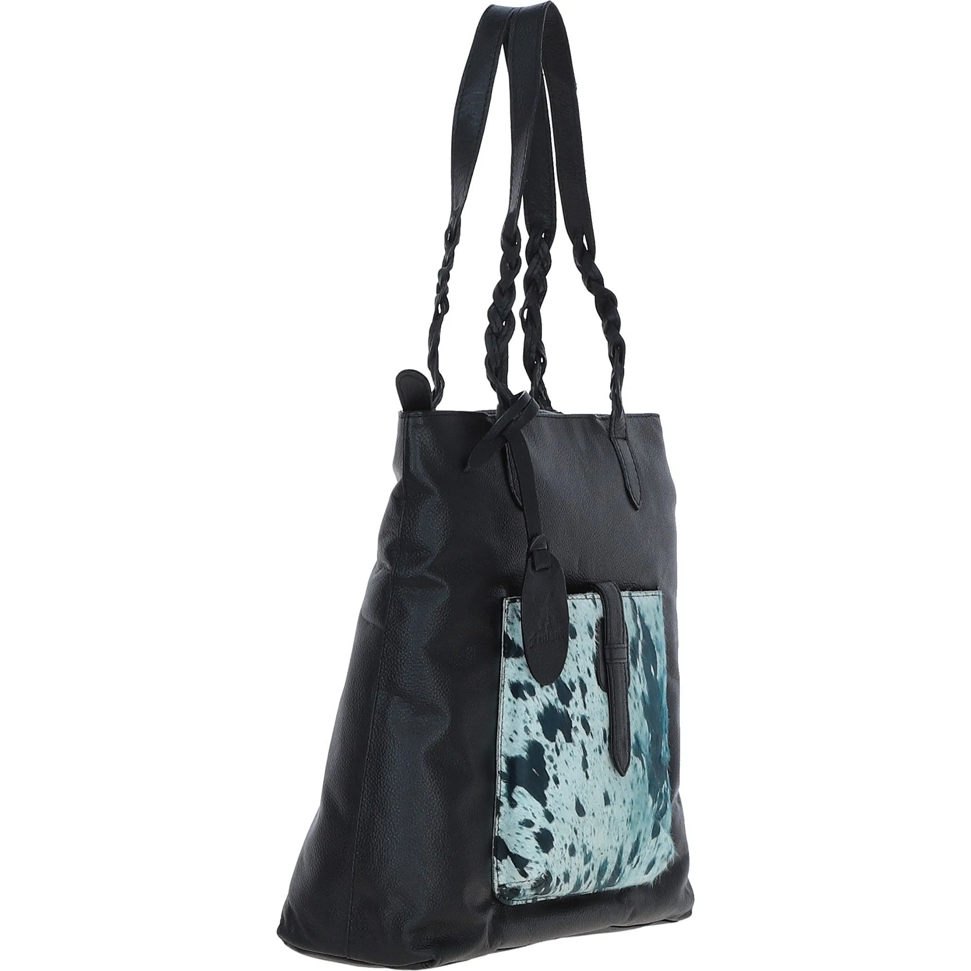 Black Leather Shoulder Bag with Pony Print Pocket: ELA 1128