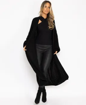 Black Oversize Baloon Sleeve Open Long Cardigan