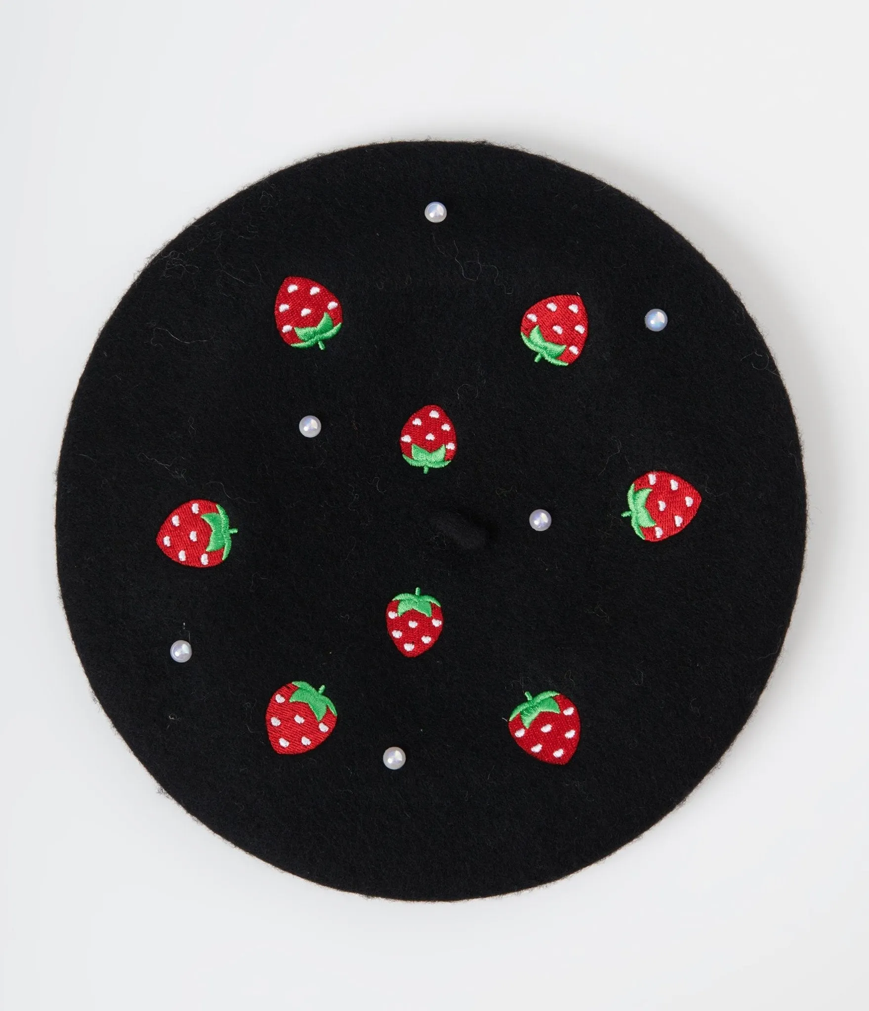 Black Pearl & Strawberry Embroidered Beret