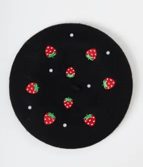 Black Pearl & Strawberry Embroidered Beret