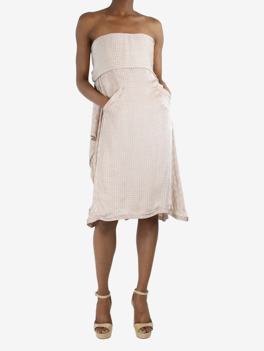   Cream asymmetric strapless silk printed dress - size UK 6