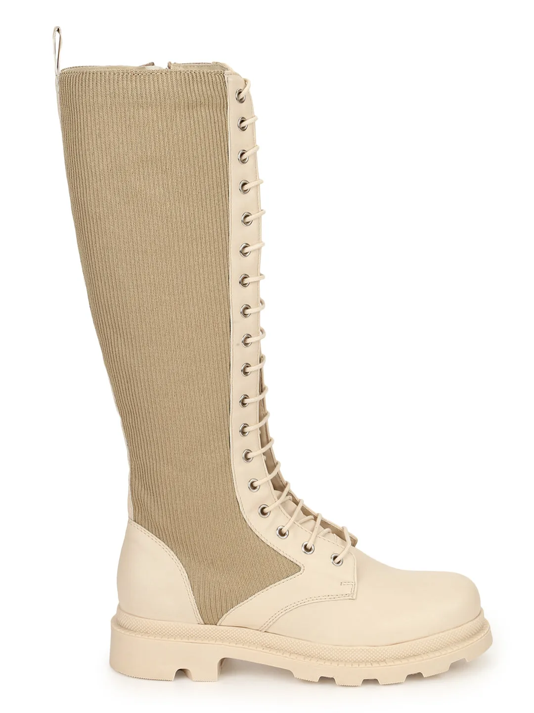 Cream PU Lace Up Snug Fit Long Boots (TC-ST-1206-CRMPU)