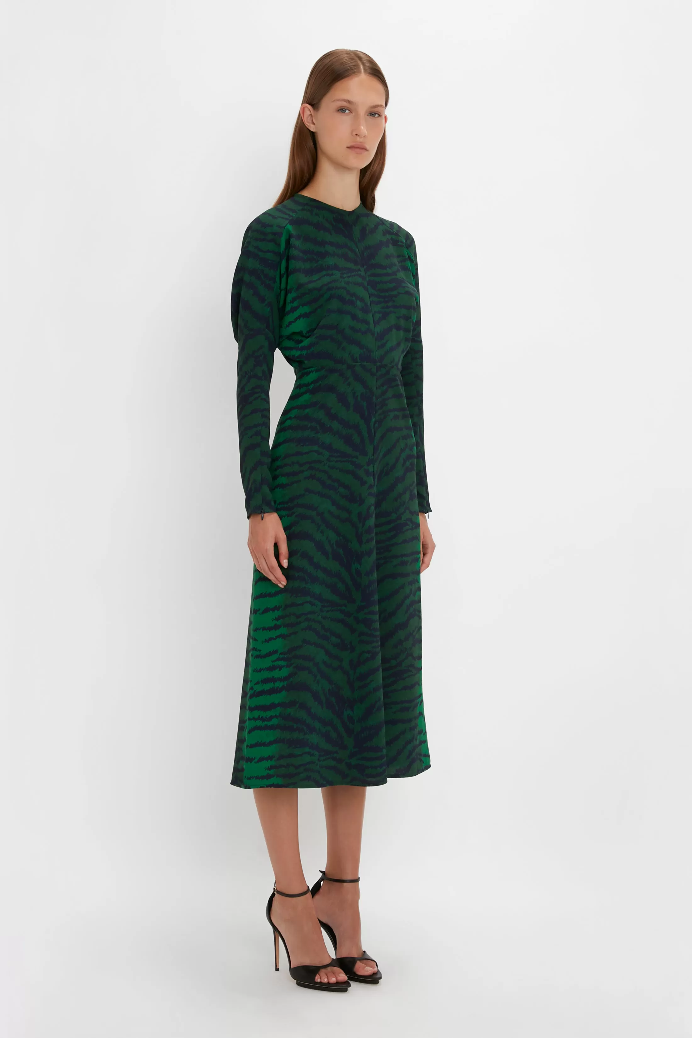 Dolman Midi Dress In Green-Navy Tiger Print