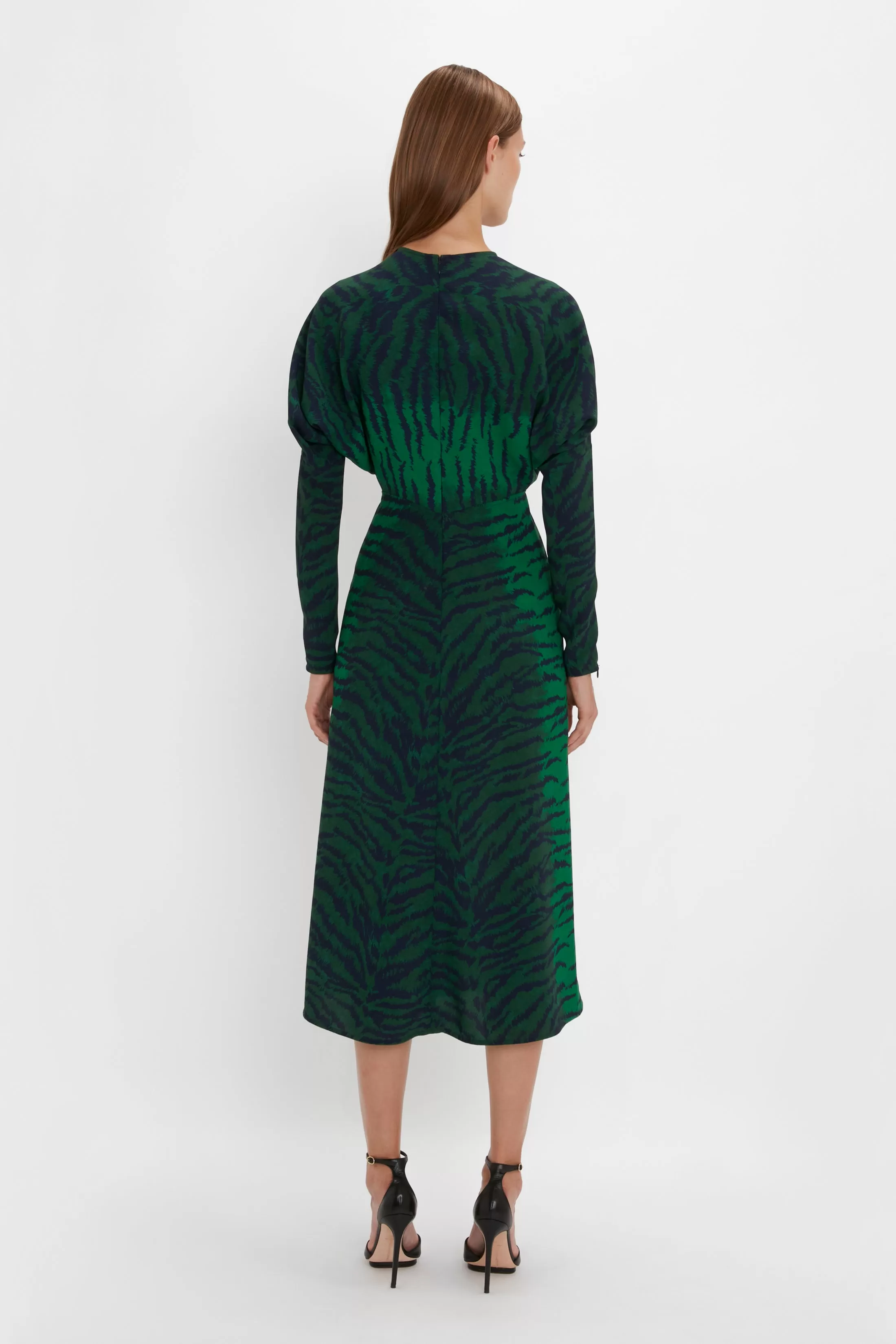 Dolman Midi Dress In Green-Navy Tiger Print