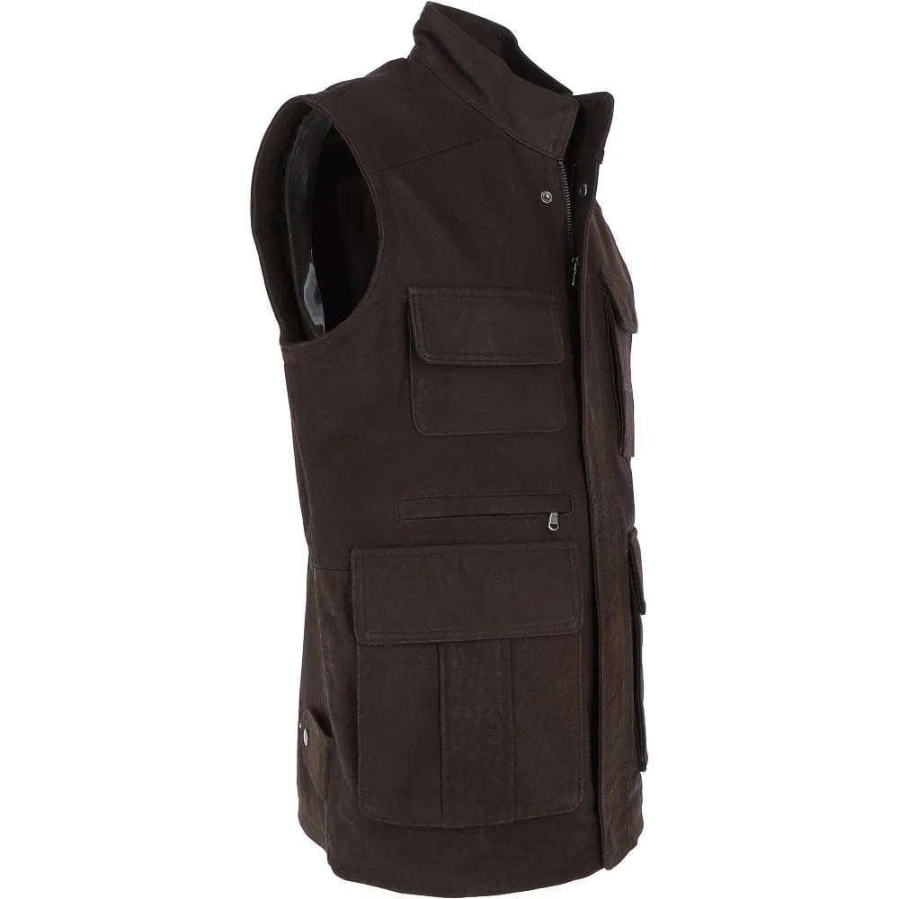 Eight Pocket Leather Gilet Brown/waxy : Serengeti