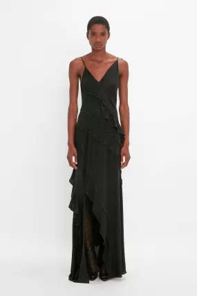 Exclusive Asymmetric Bias Frill Dress In Black