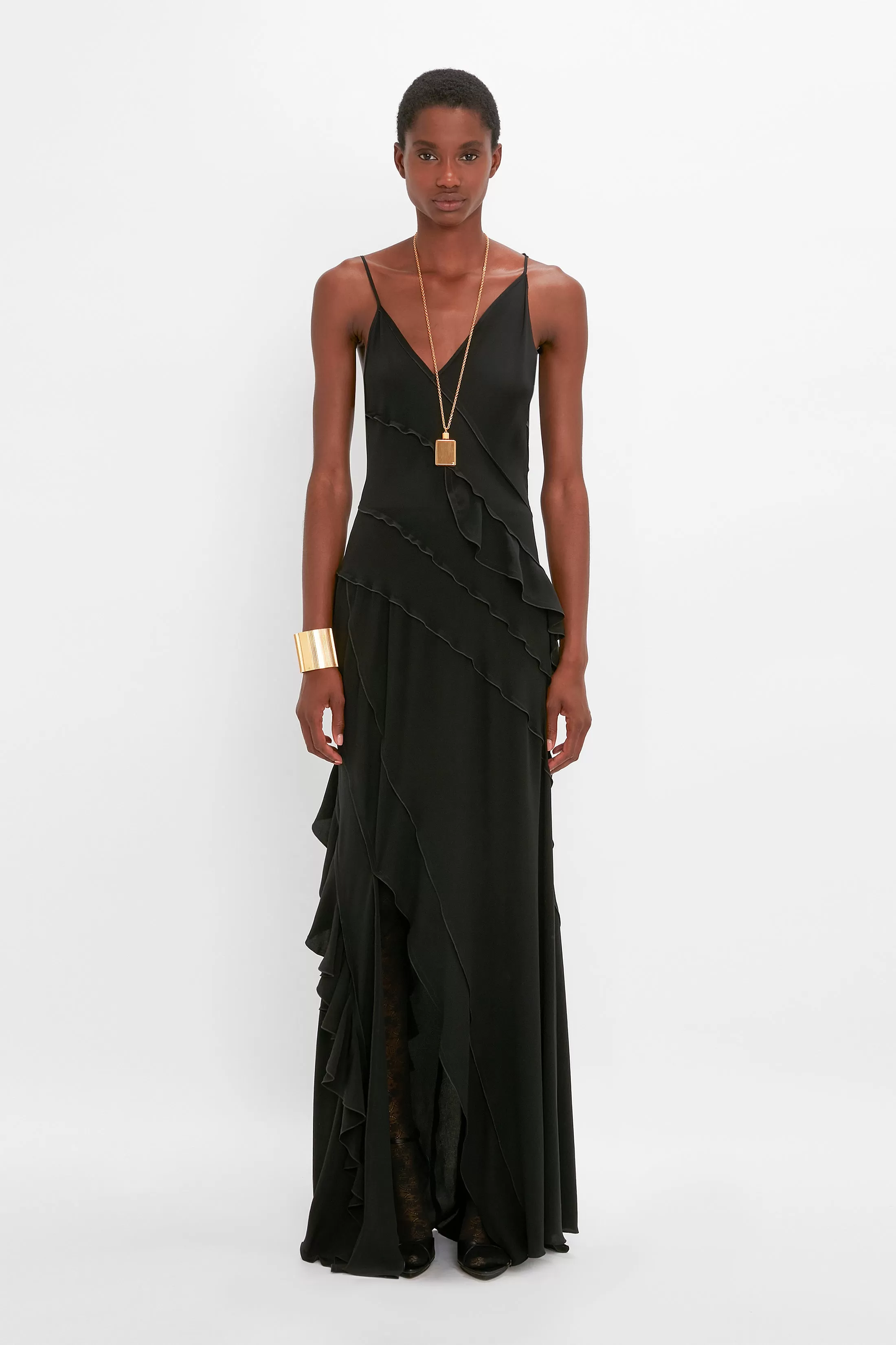 Exclusive Asymmetric Bias Frill Dress In Black