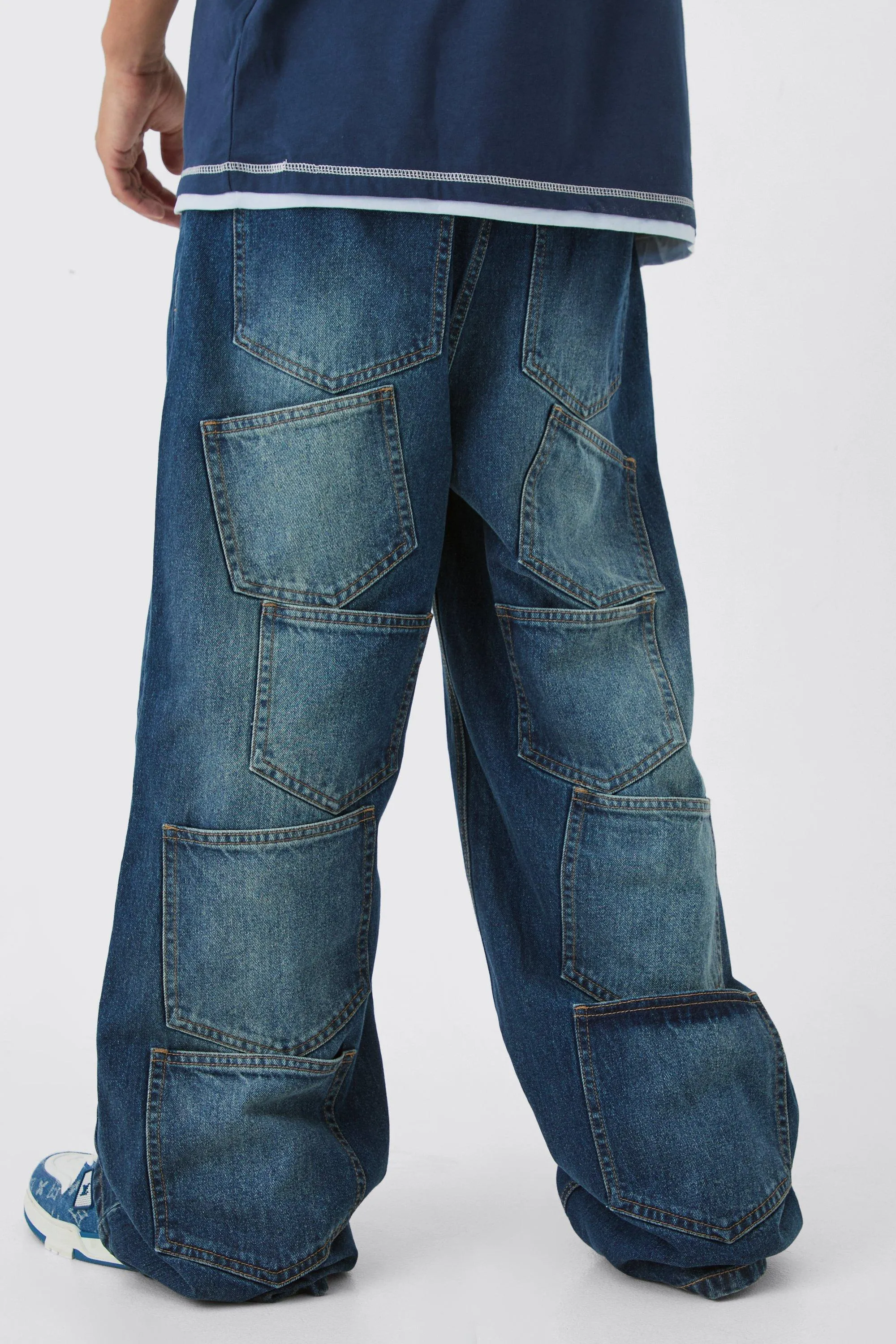 Extreme Baggy Rigid Multi Pocket Denim Jean In Antique Wash | boohooMAN UK