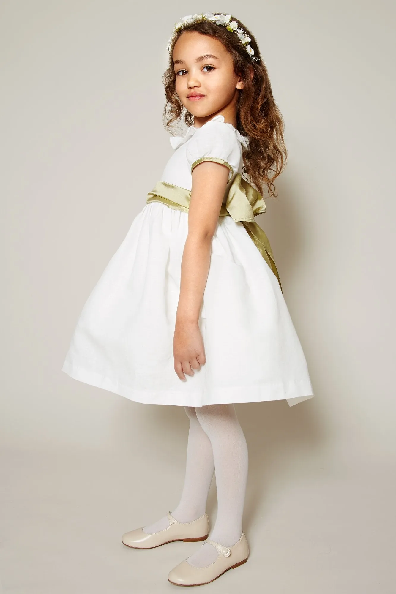 Flower Girl Ivory Dress with Green Silk Sash (12mths-10yrs)