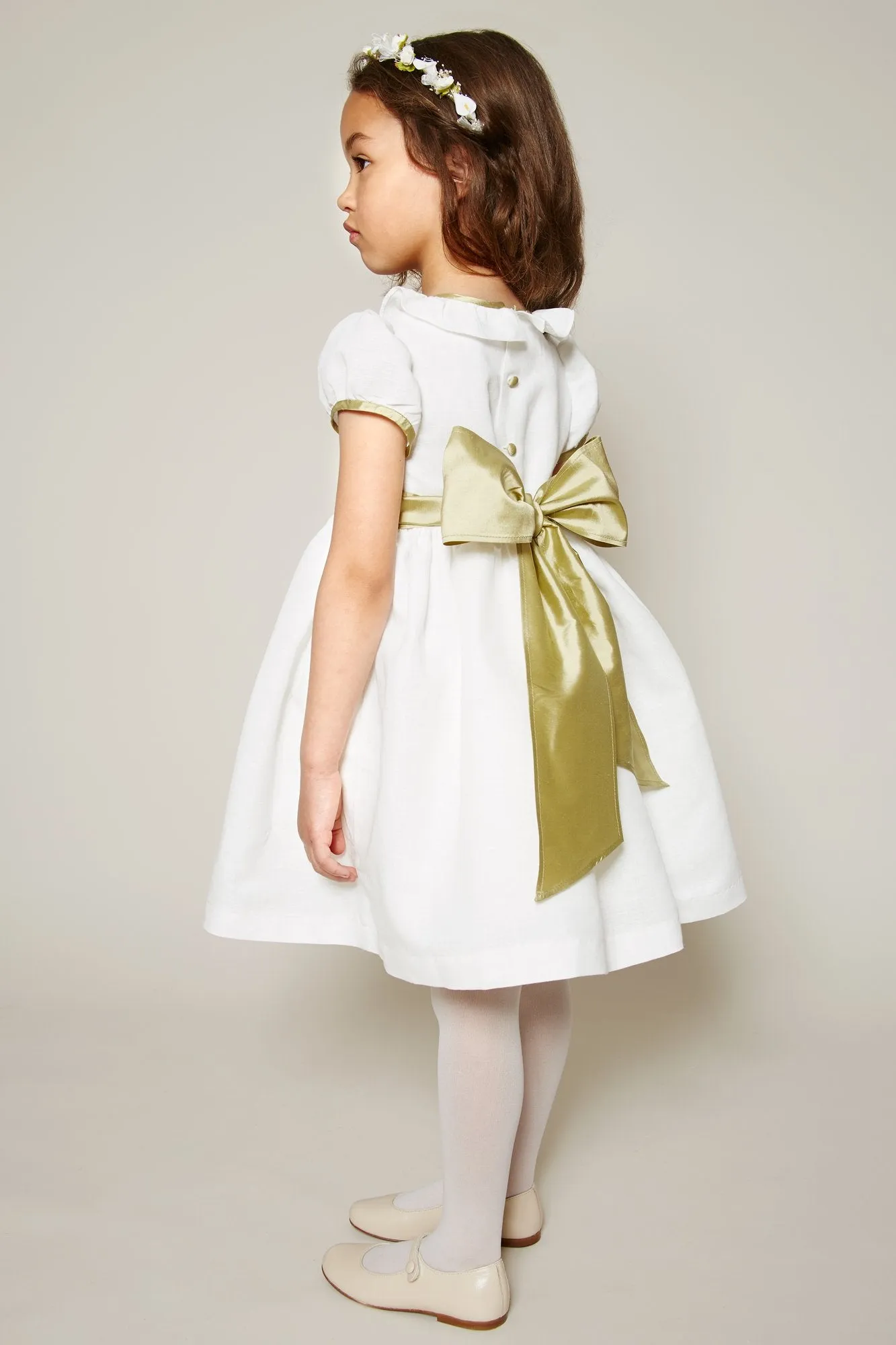 Flower Girl Ivory Dress with Green Silk Sash (12mths-10yrs)