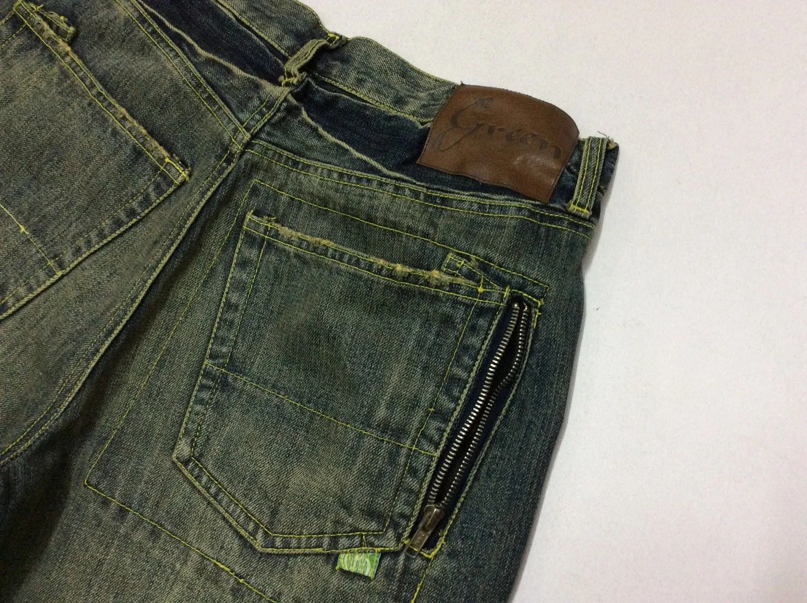 Green Cotton Six Pocket Denim Jean Vintage Blue