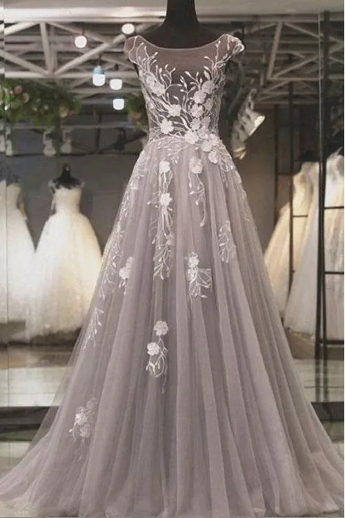 Grey Jewel Neck Cap Sleeves A-line Prom Dress