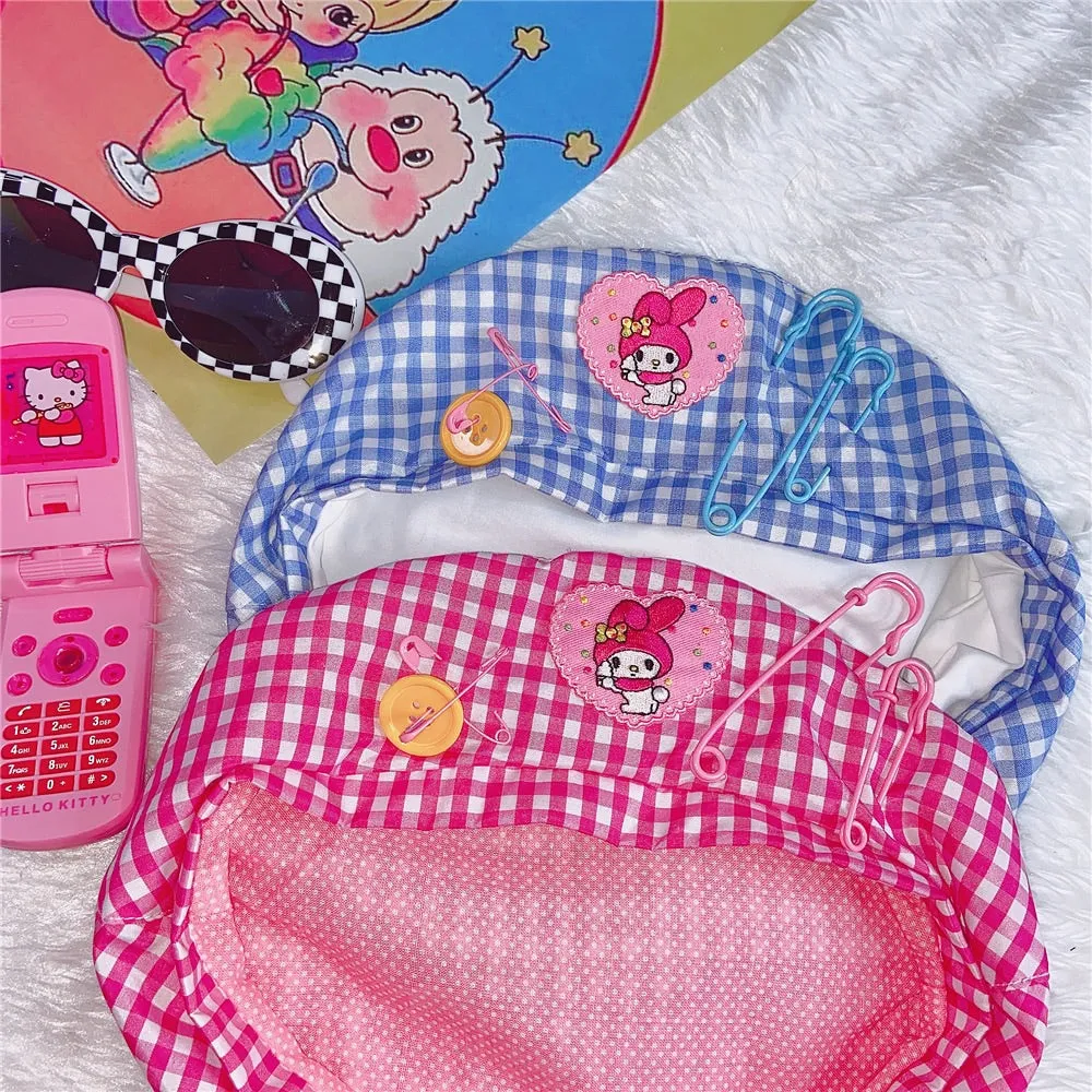 HARAJUKU CARTOON SOFTGIRL BESTIE PLAID SUMMER BERET HAT BY90803