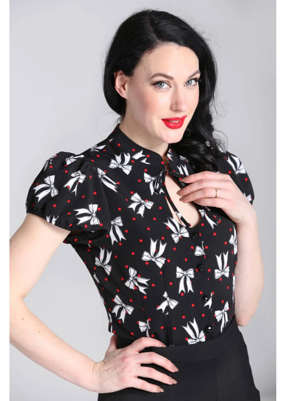 Hell Bunny Bobbie Bow 40's Blouse Black