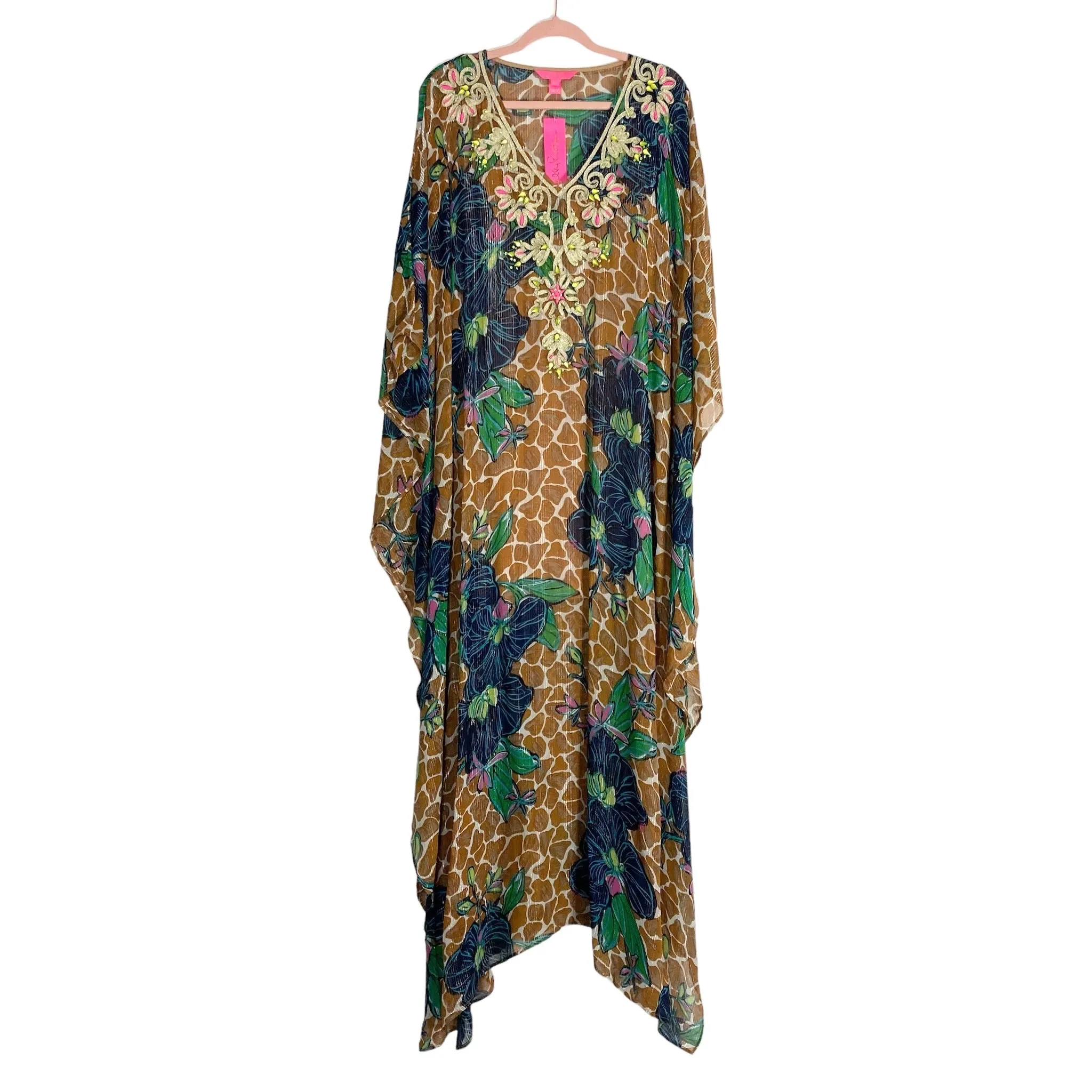 LILLY PULITZER BLOOMS OF PARADISE ROSIA EMBROIDERED MAXI CAFTAN NWT- SIZE L/XL ( ONLINE)