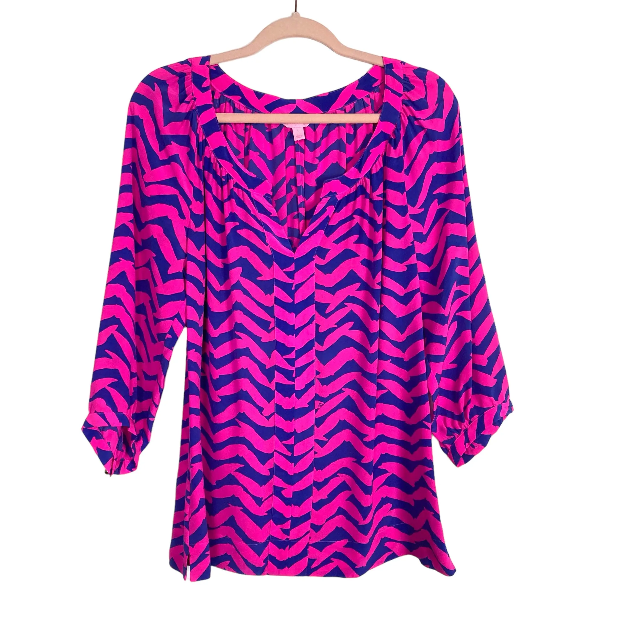 Lilly Pulitzer Fuchsia/Blue Pattern 100% Silk Top- Size L