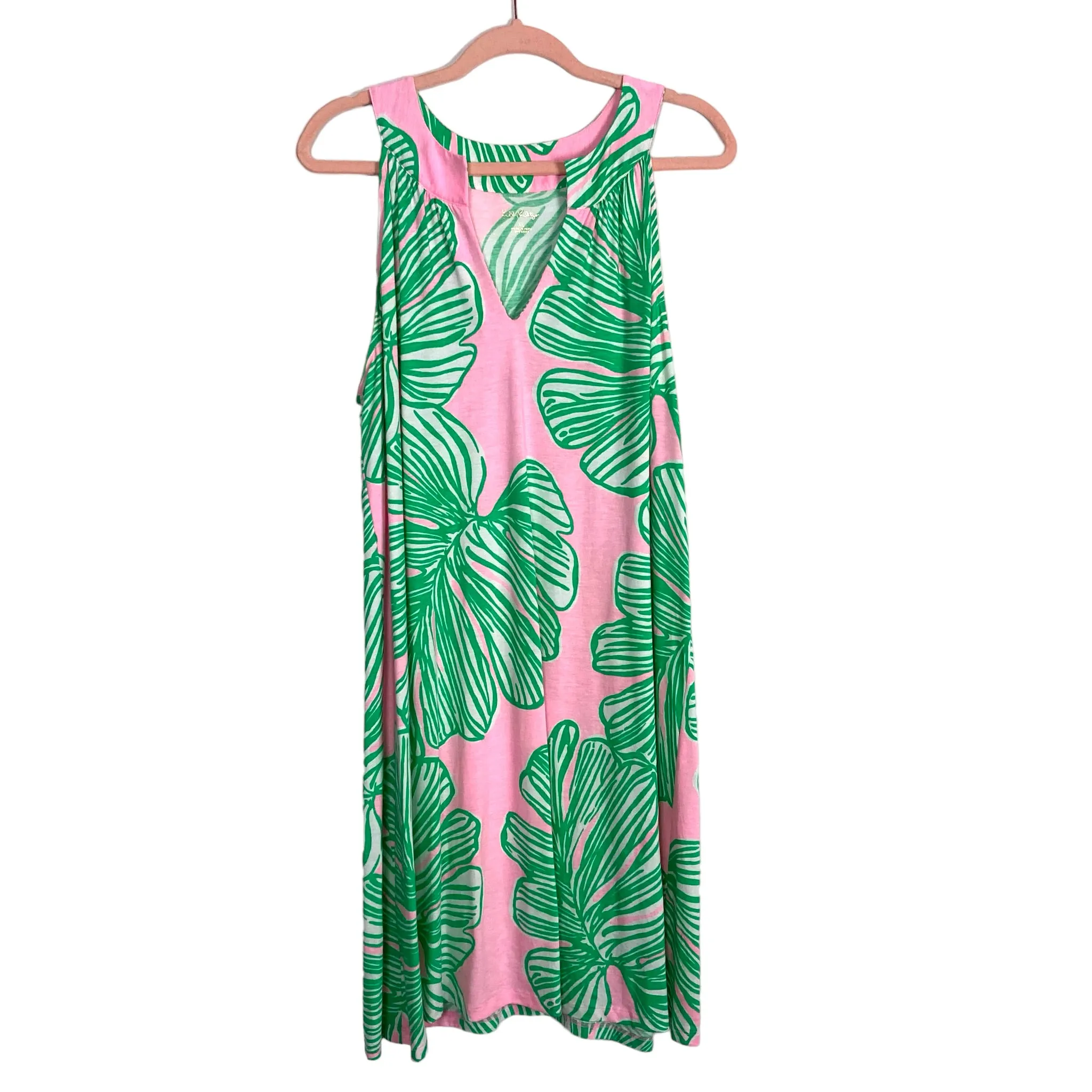 Lilly Pulitzer Green/Pink Leaf Print V-Neck Dress- Size XL