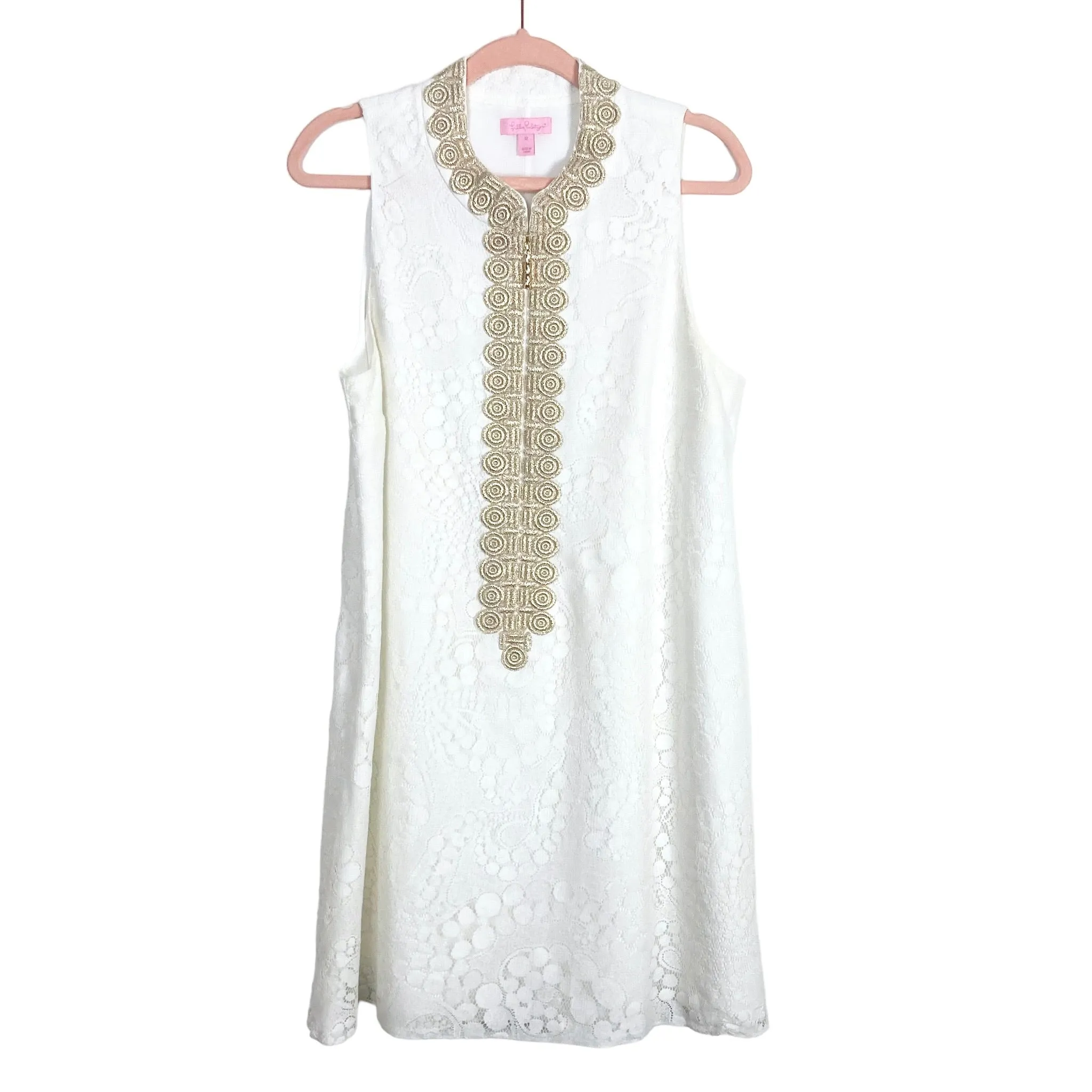 Lilly Pulitzer Off White Crochet Lace and Gold Zipper Front Dress- Size 12 (see notes)