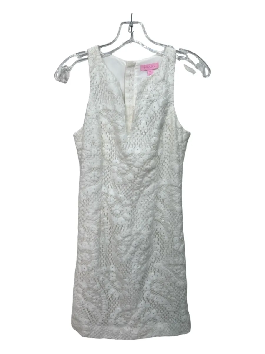 Lilly Pulitzer Size 00 White Cotton Blend Lace Overlay Round Split Neck Dress