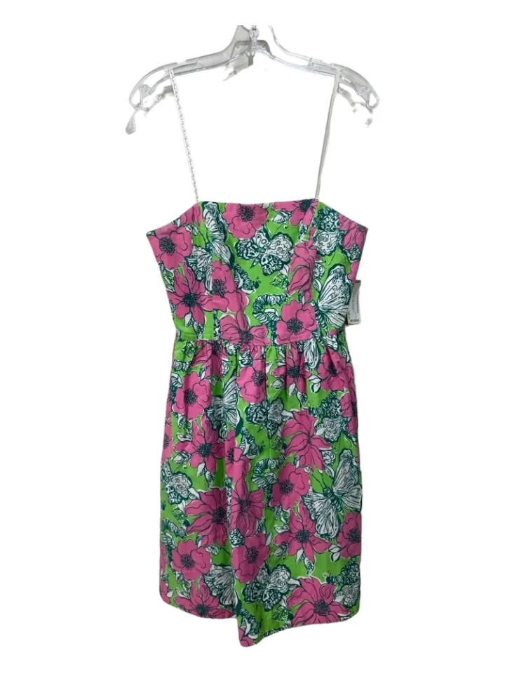 Lilly Pulitzer Size 10 Pink Green White Cotton Floral Strapless Boning Dress