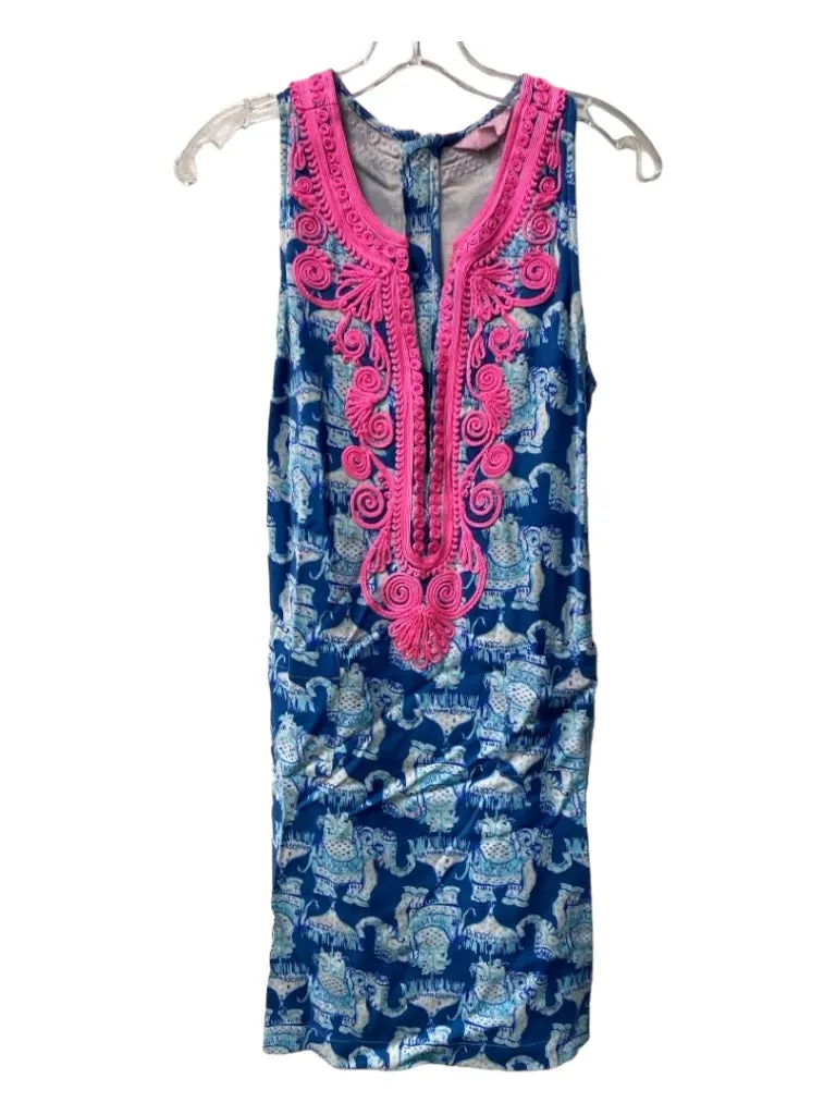 Lilly Pulitzer Size 2 Blue & Pink Rayon Sleeveless Elephant V Neck Dress