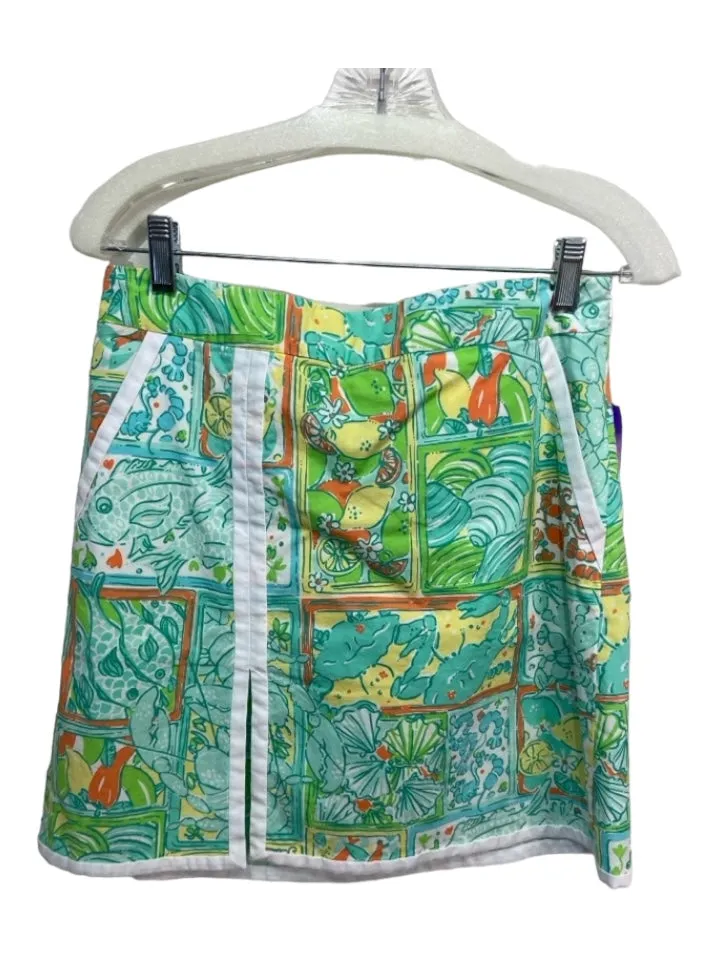 Lilly Pulitzer Size 4 Blue Green Yellow Cotton Fruit Fish Slit Back Skirt