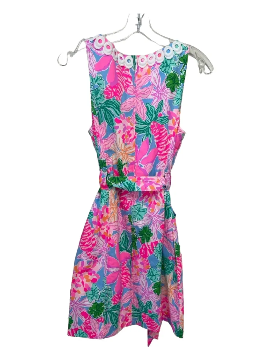 Lilly Pulitzer Size 4 White & Multi Cotton Blend Sleeveless Pockets Belted Dress