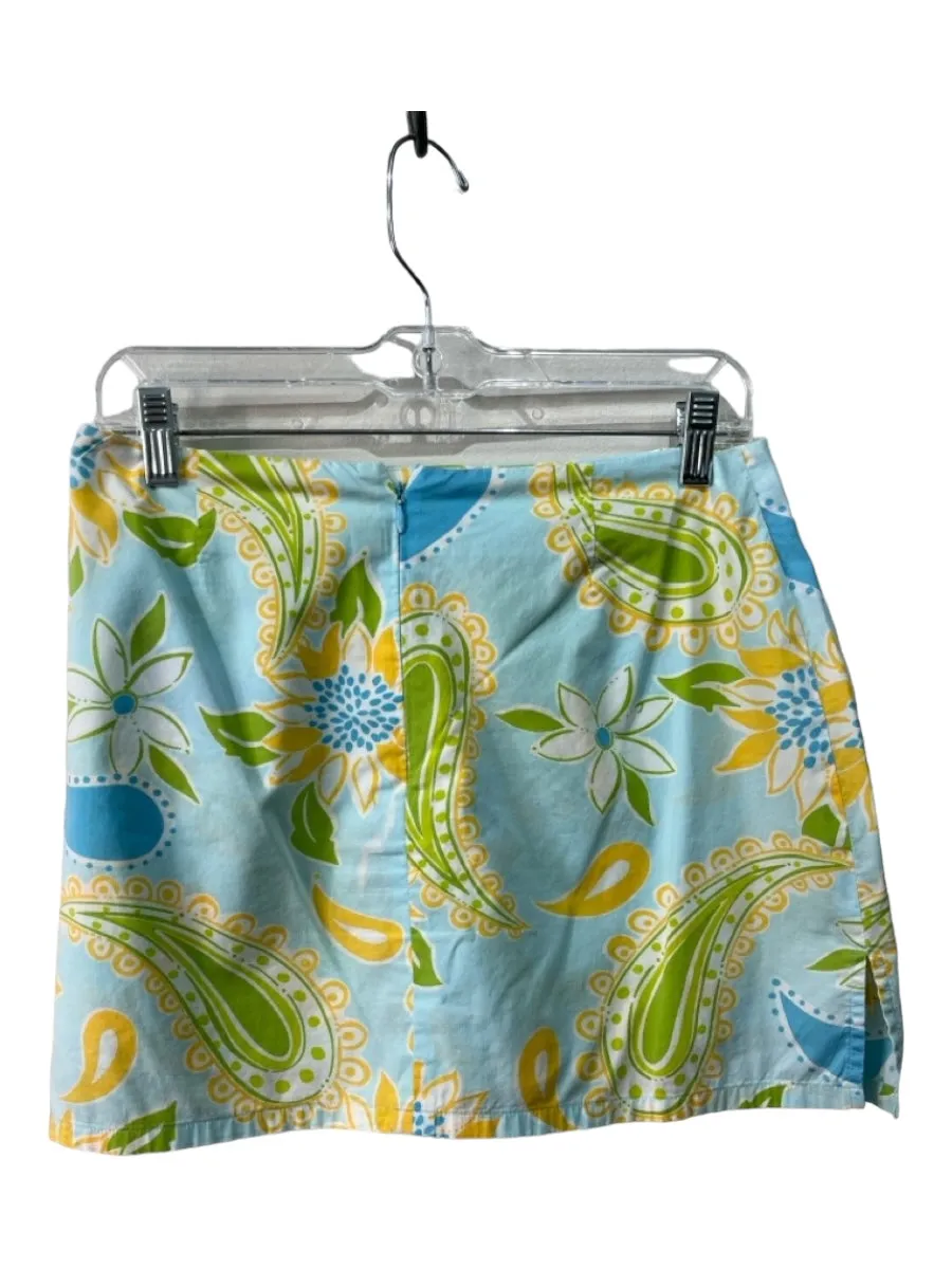 Lilly Pulitzer Size 6 Blue Yellow Green Cotton Floral Back Zip Bow Detail Skirt