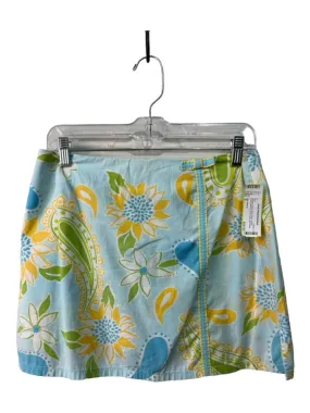 Lilly Pulitzer Size 6 Blue Yellow Green Cotton Floral Back Zip Bow Detail Skirt