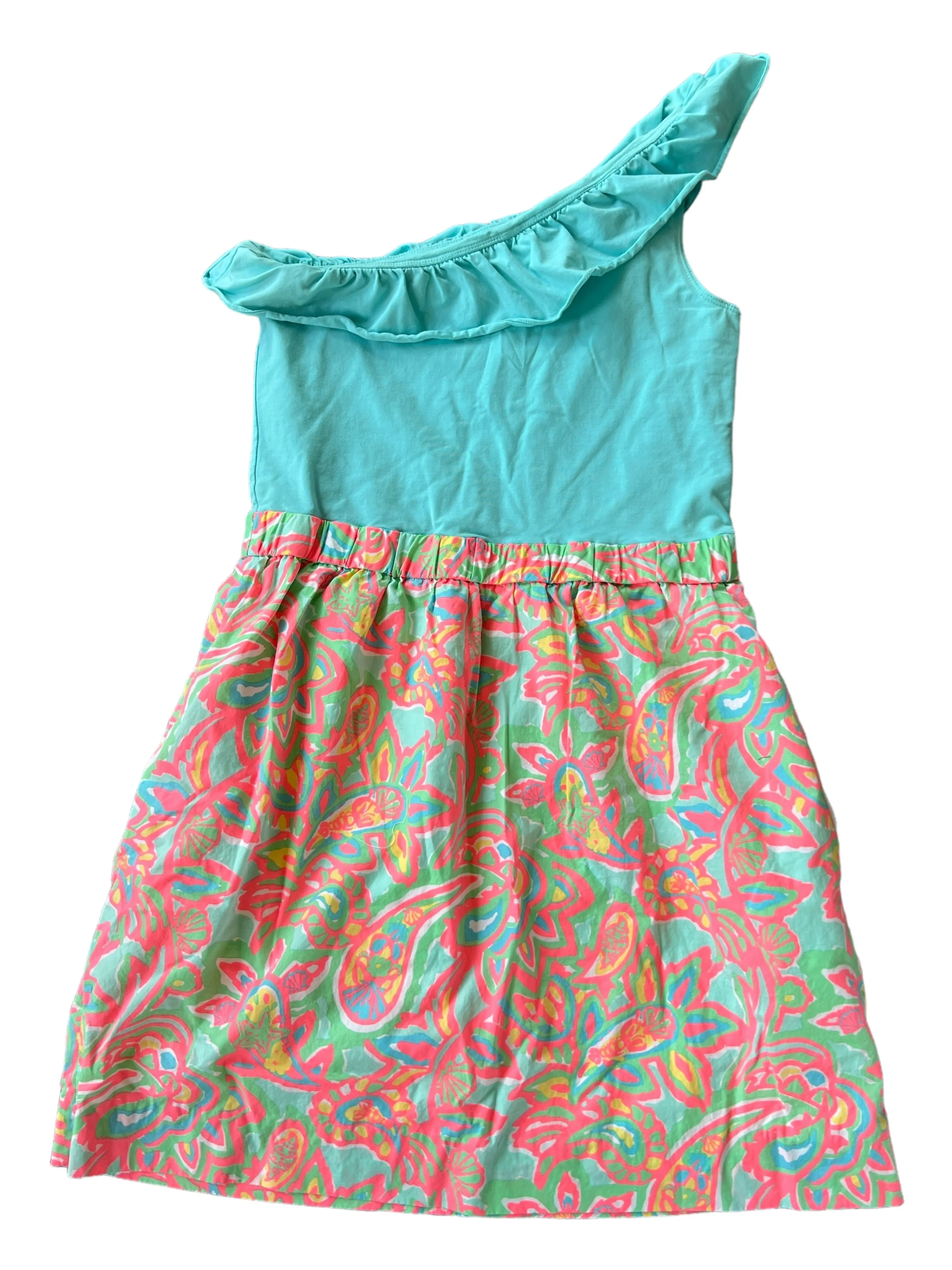 Lilly Pulitzer Size M Aqua & Pink Print Cotton Blend One Shoulder Dress