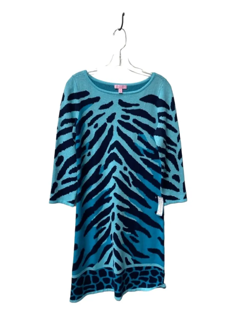 Lilly Pulitzer Size Medium Blue Cotton Knit Zebra Long Sleeve boat neck Dress