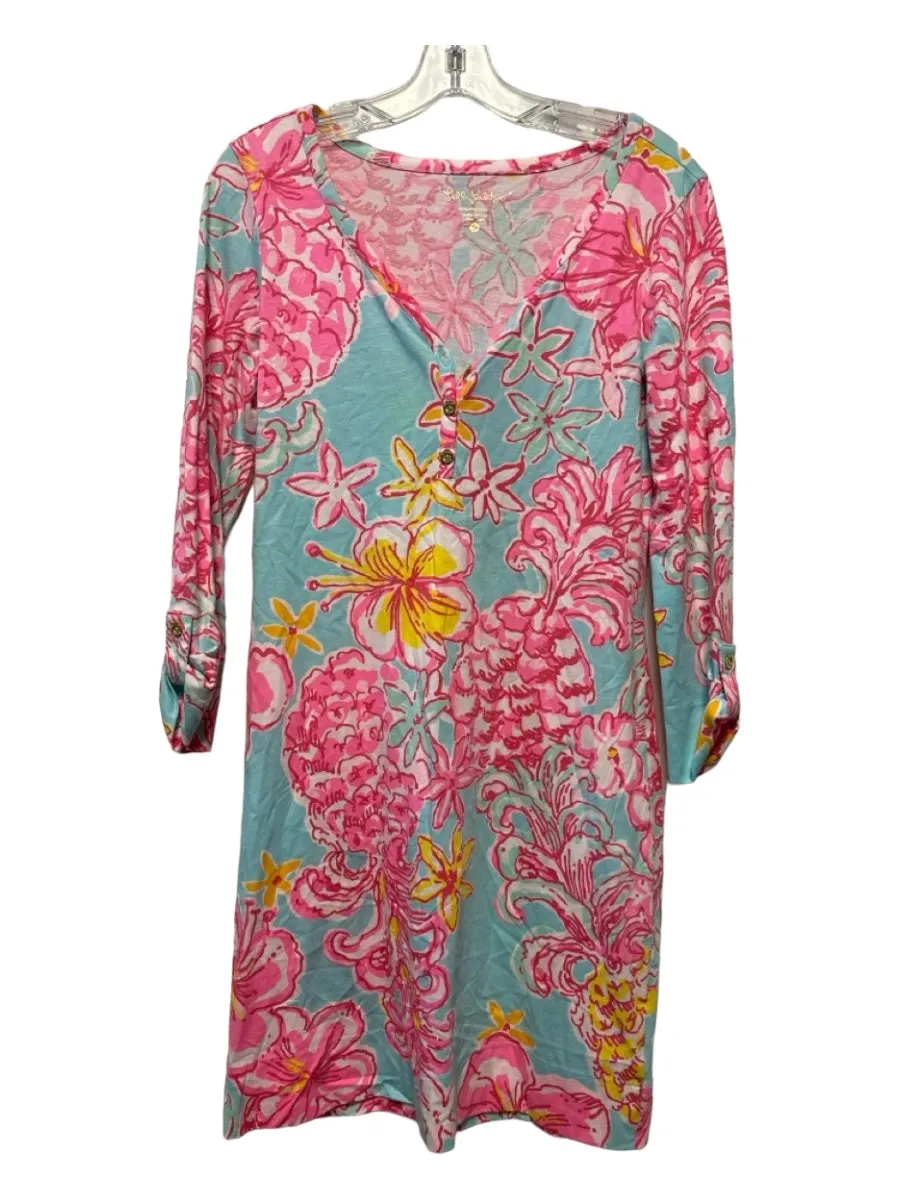 Lilly Pulitzer Size S Aqua & Pink Print Pima Cotton Long Sleeve Flowers Dress