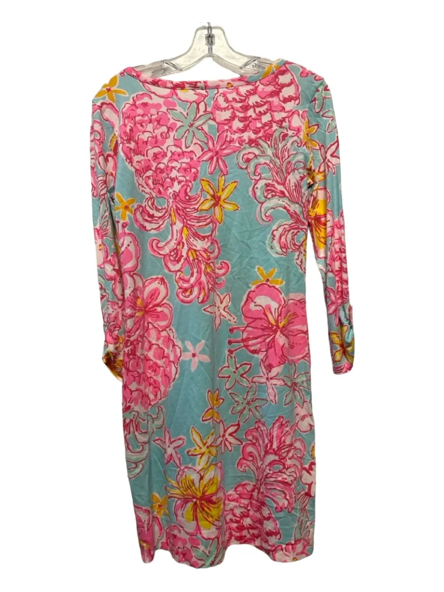 Lilly Pulitzer Size S Aqua & Pink Print Pima Cotton Long Sleeve Flowers Dress