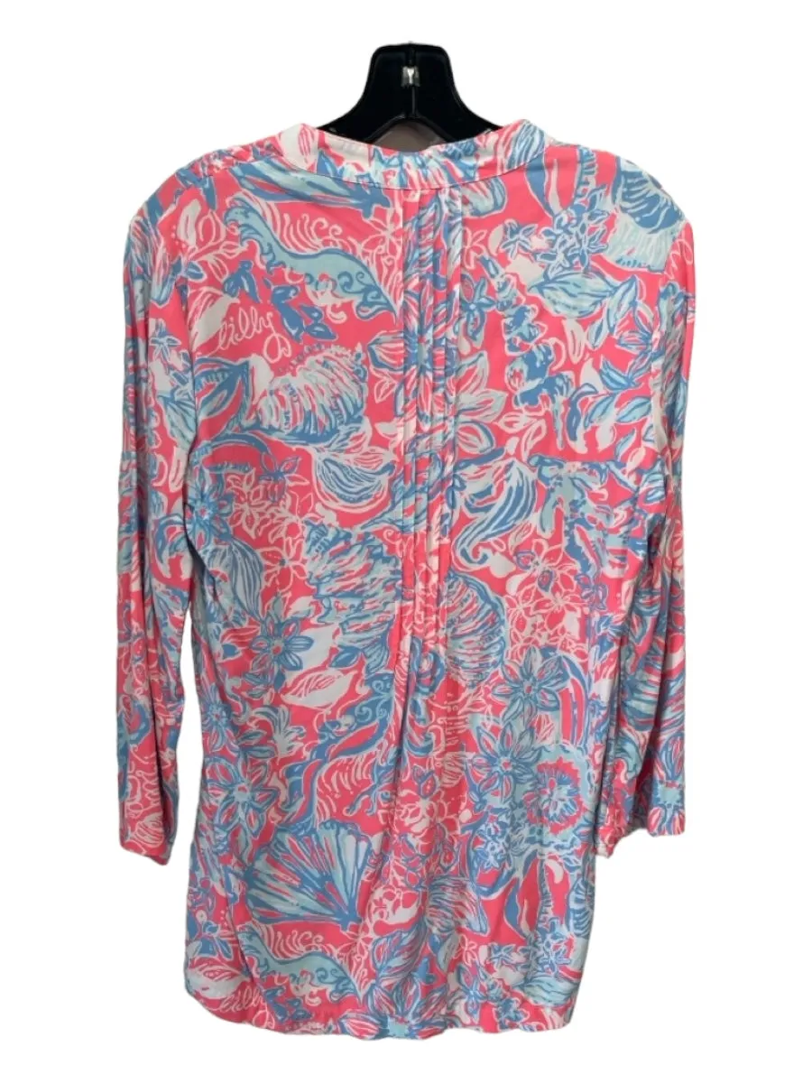 Lilly Pulitzer Size S Pink & blue Rayon Floral Round Split Neck Long Sleeve Top