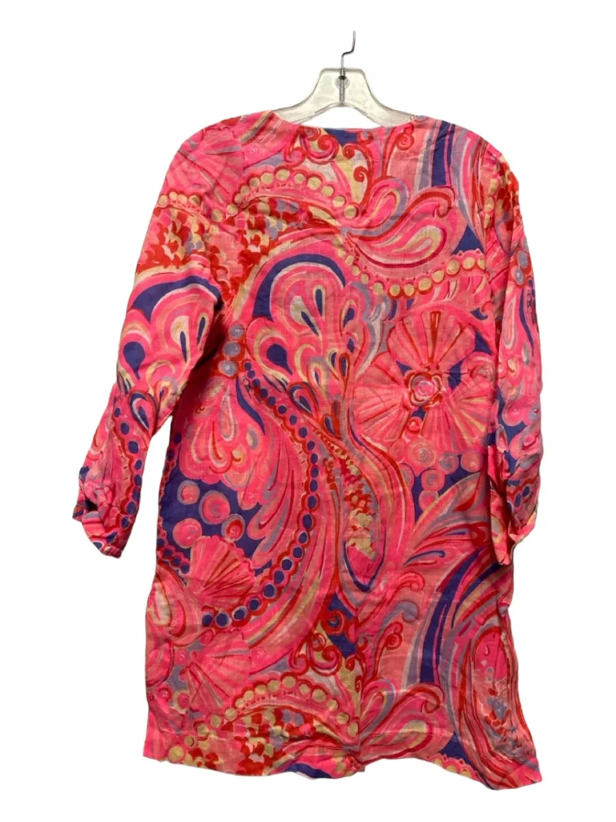 Lilly Pulitzer Size S Pink & Navy Linen Long Sleeve V Neck Dress