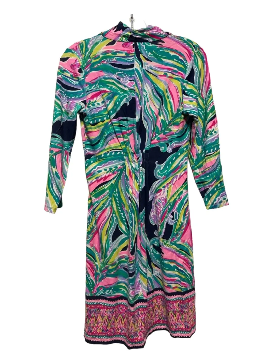 Lilly Pulitzer Size XS Navy & Pink Rayon Long Sleeve Leaves V Neck Dress