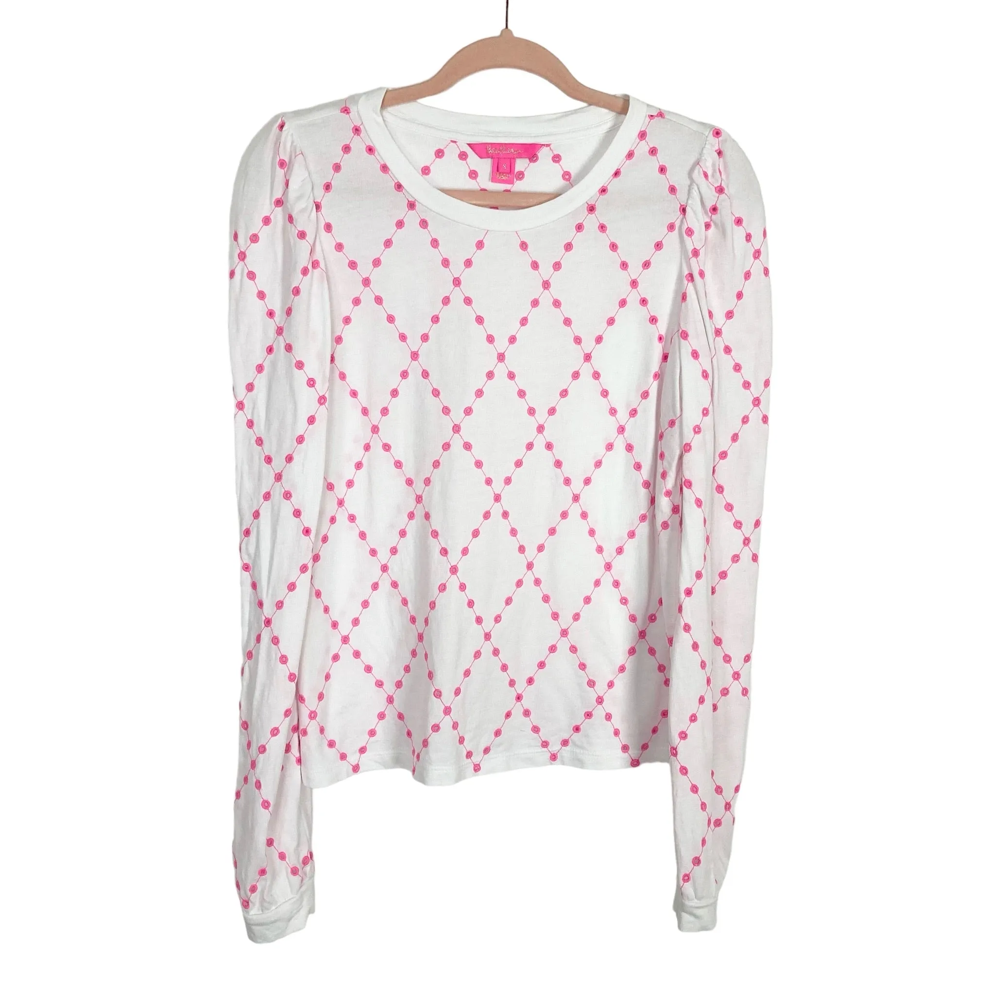 Lilly Pulitzer White and Hot Pink Eyelet Long Sleeve Top- Size S