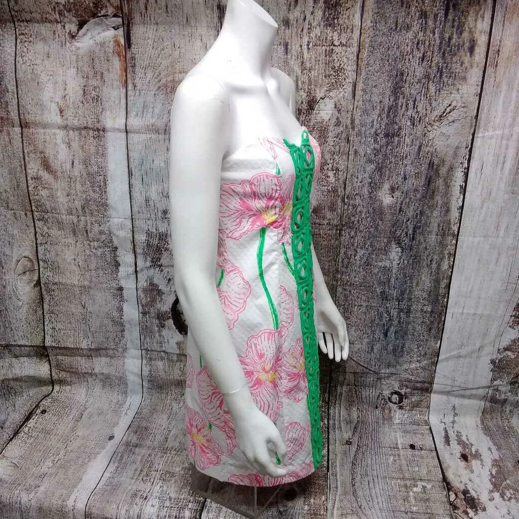 LILLY PULITZER WHITE GREEN FLORAL STRAPLESS DRESS SIZE 2 TCC