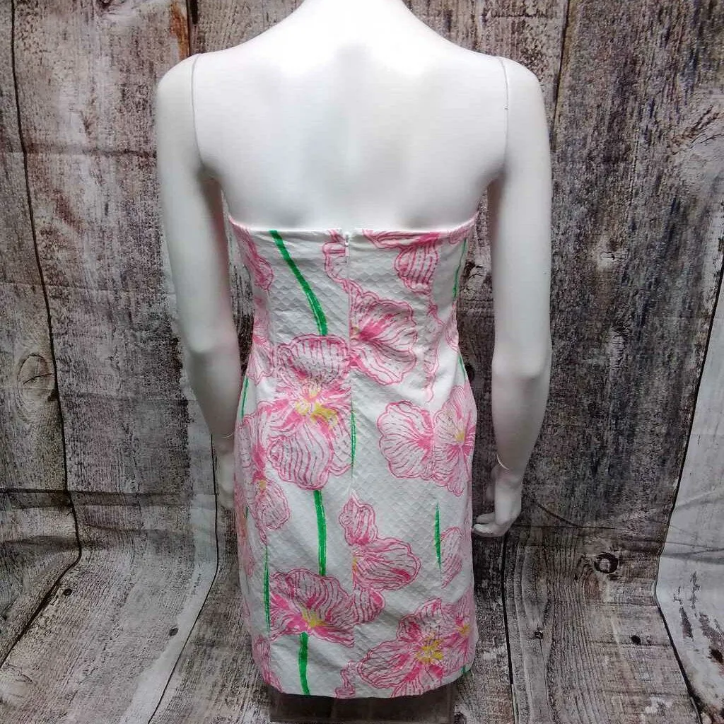 LILLY PULITZER WHITE GREEN FLORAL STRAPLESS DRESS SIZE 2 TCC