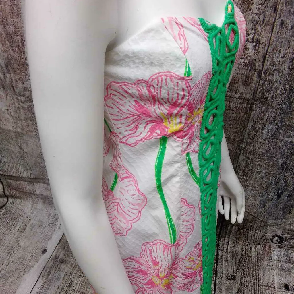 LILLY PULITZER WHITE GREEN FLORAL STRAPLESS DRESS SIZE 2 TCC