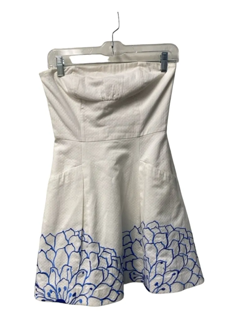 Lily Pulitzer Size 00 White & Blue Cotton Strapless Pockets Back Zip Dress