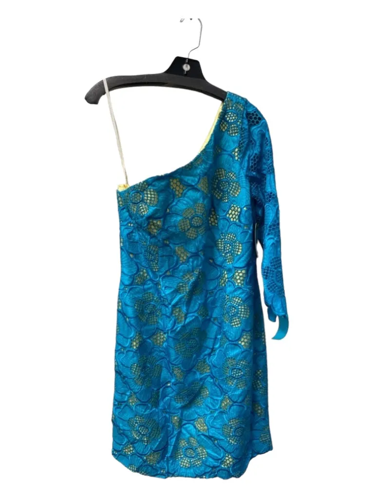 Lily Pulitzer Size 10 Teal & Yellow Silk One Shoulder Overlay Embroidered Dress